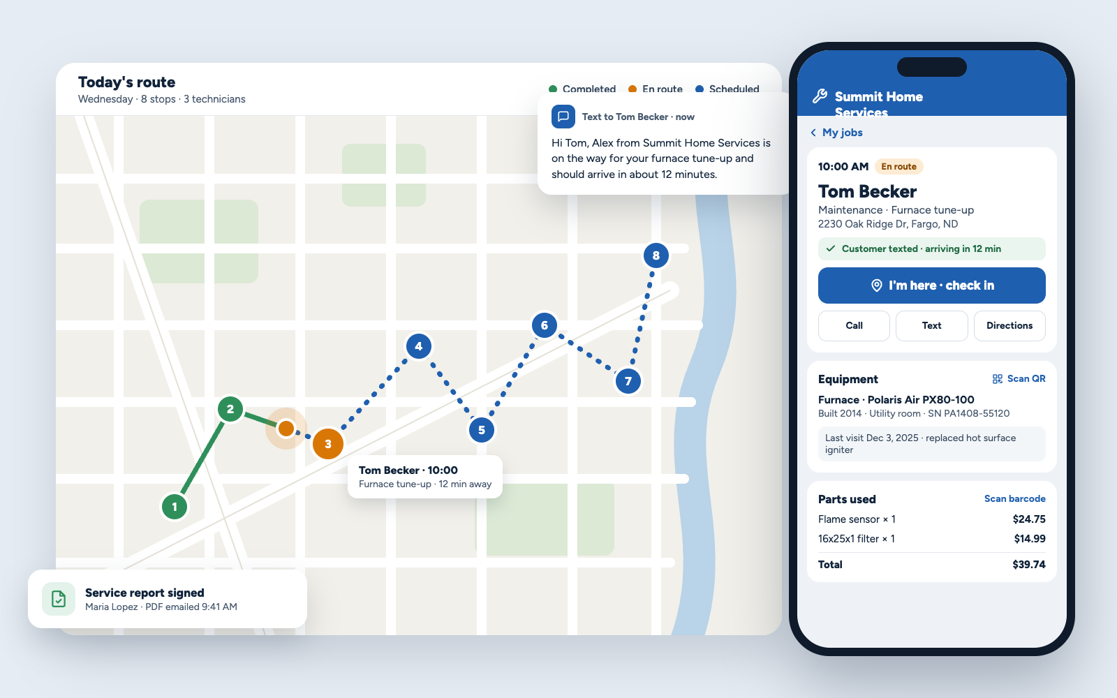 The field service mobile app: a tech's furnace tune-up job on the phone with check-in, call, text and directions, the equipment's last visit and the parts used, beside the office's route map of the day's stops and the on-my-way text sent to the customer.