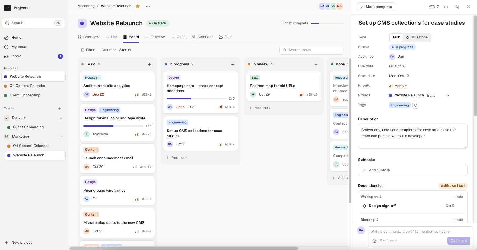 The project management software's board view: tasks in To do, In progress, In review and Done columns, with a task open in the side panel showing its status, dates, priority and dependencies.